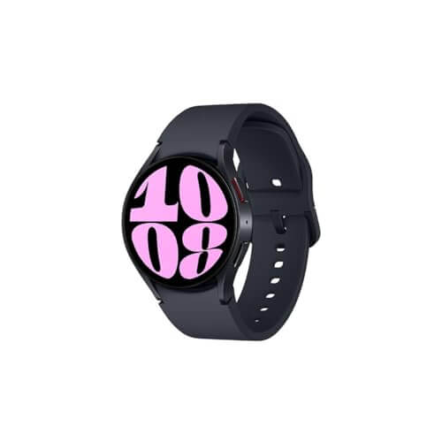 Samsung Galaxy Watch 6 40mm in black with a vibrant display showing time in bold pink numbers.